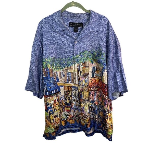Guy Buffet French Village Café Silk Aloha Camp Shirt size L - Picture 1 of 4